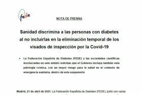 Sanidad discrimina a las personas con diabetes al no incluirlas en la eliminaci&oacute;n temporal de los visados de inspecci&oacute;n por la Covid-19