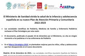 El Ministerio de Sanidad olvida la salud de la infancia y adolescencia espa&ntilde;ola en su nuevo Plan de Atenci&oacute;n Primaria y Comunitaria 2022-2023